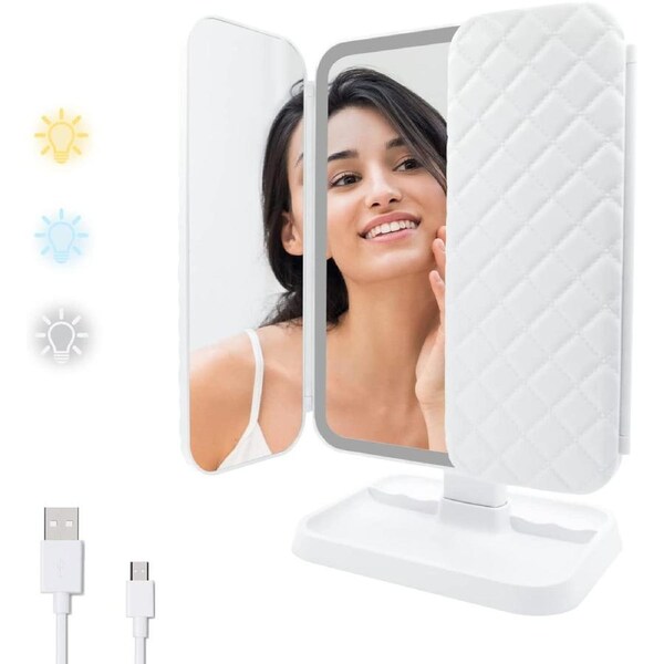 Tri-fold Lighted Makeup Mirror, 180 Degree Adjustable Travel Vanity Makeup Mirror Stand for Countertop Cosmetic