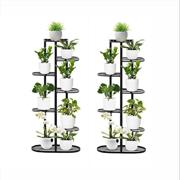 SOGA 2X 7 Tier Black Metal Plant Rack for 8 Pots Home Garden