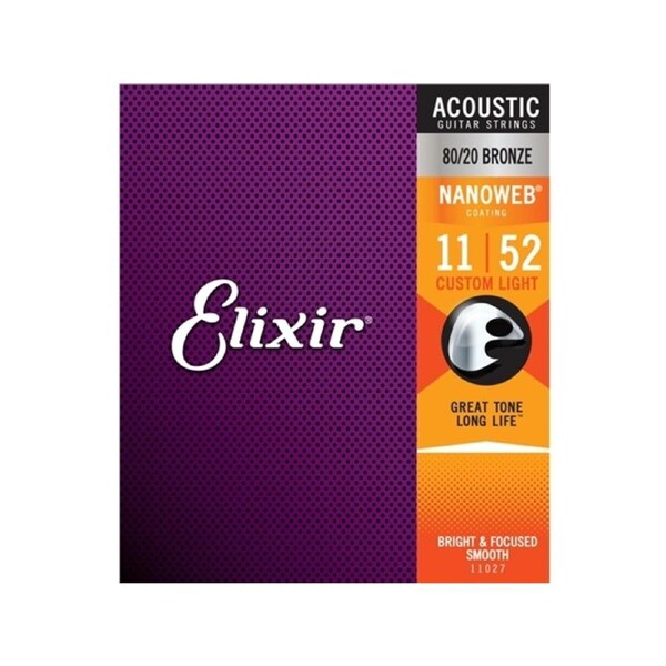 Elixir #11027 Acoustic Nano Guitar String 80/20 Bronze 11-52 Custom Light Gauge