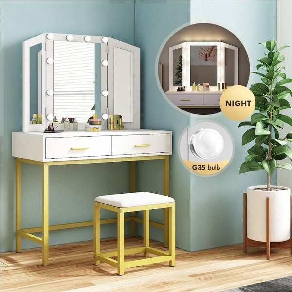 Large Vanity Dressing Table Makeup Desk Set with 10 LED Lighted Mirror Stool 2 Drawers White