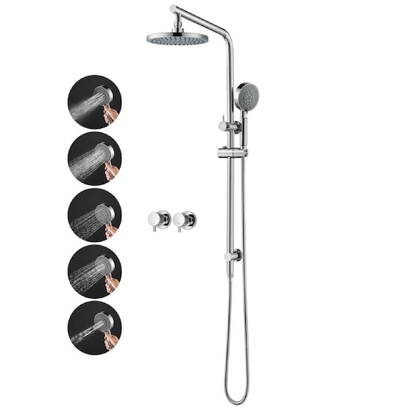 WELS Round 8'' ABS Plastic Rainfall Shower Head 5-MODE Handheld Set Gooseneck Arm Wall Rail Diverter Twin Taps Chrome