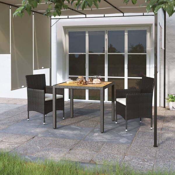 3 Piece Garden Dining Set Poly Rattan & Solid Acacia Wood Black vidaXL