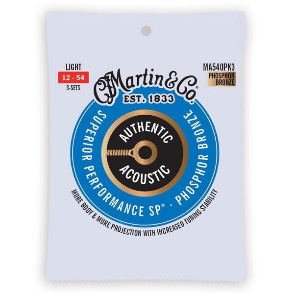 3PK Martin Guitar Authentic Strings 92/8 Phosphor Bronze MA540PK3 Light Gauge