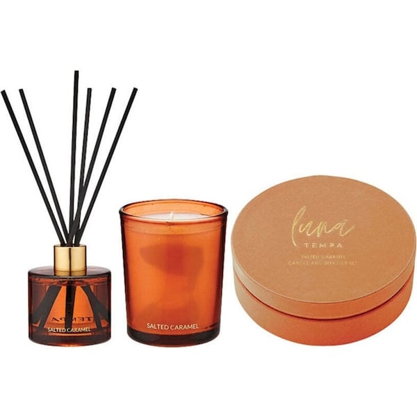 Tempa Luna Salted Caramel Candle/Reed Diffuser Scent Home Fragrance Décor Set