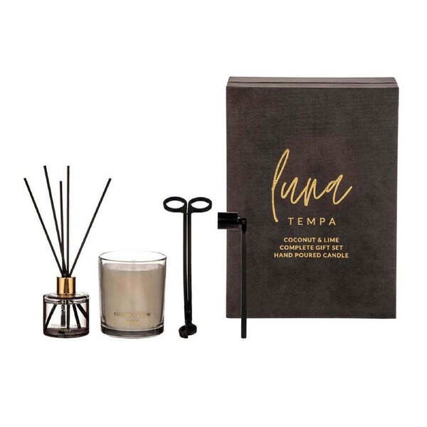 Tempa Luna Coconut & Lime Candle/Diffuser w/Wick/Snuffer Trimmer Fragrance Set