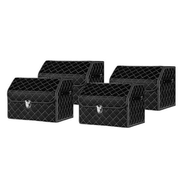 SOGA 4X Leather Car Boot Collapsible Foldable Trunk Cargo Organizer Portable Storage Box Black/White Stitch with Lock Small