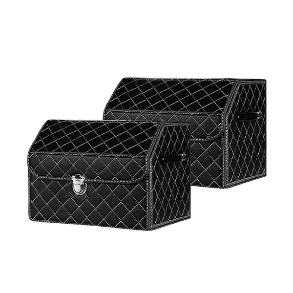 SOGA 2X Leather Car Boot Collapsible Foldable Trunk Cargo Organizer Portable Storage Box Black/White Stitch with Lock Small