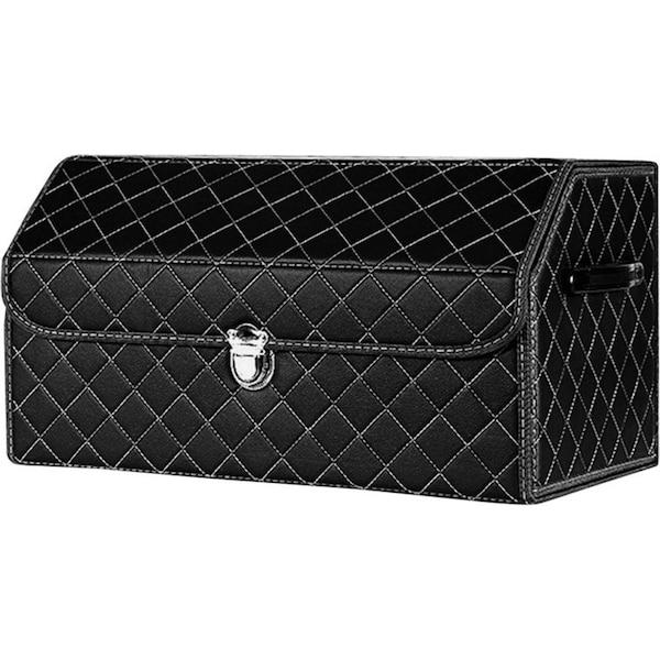 SOGA Leather Car Boot Collapsible Foldable Trunk Cargo Organizer Portable Storage Box Black/White Stitch with Lock Medium