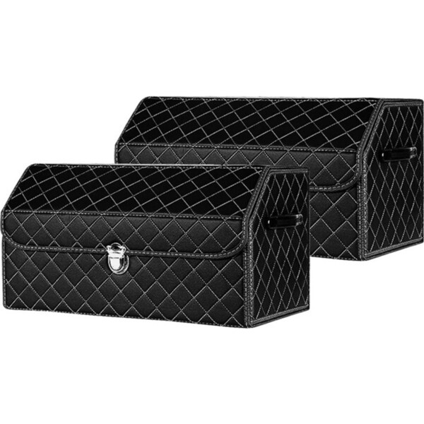 SOGA 2X Leather Car Boot Collapsible Foldable Trunk Cargo Organizer Portable Storage Box Black/White Stitch with Lock Medium