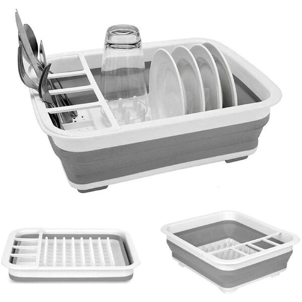 Collapsible Dish Drying Rack Portable Dish Drainer Dinnerware Organizer Kitchen RV Campers Storage, Grey