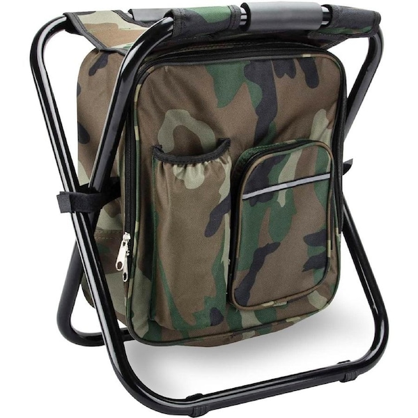 Folding Stool Backpack Insulated Cooler Bag, Collapsible Camping Hunting Fishing Multifunction Chair with Front Pocket and Bottle Pocket for Outdoor Events, Hiking, Travel, Beach
