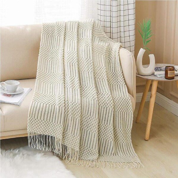 Textured throw blanket solid soft for sofa couch decorative knitted blanket, beige