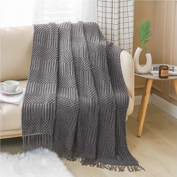 Textured throw blanket solid soft for sofa couch decorative knitted blanket, grey