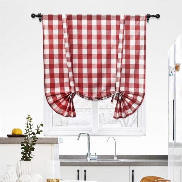Tie Up Curtain for Kitchen Window Buffalo Check, Burgundy Red and White