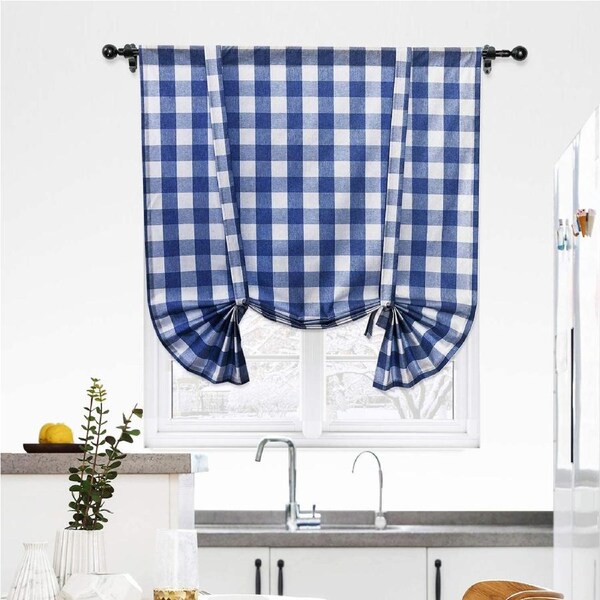 Tie Up Curtain for Kitchen Window Buffalo Check, Navy and White