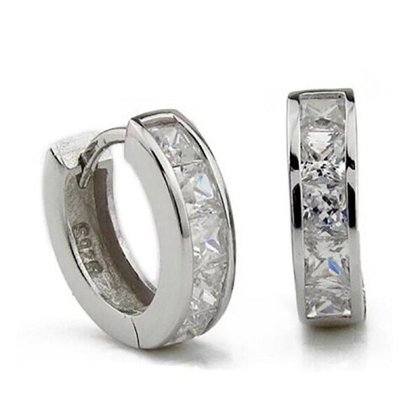 Sterling Silver 10mm Huggie Hoop Small Square Sleeper CZ Crystal Earrings