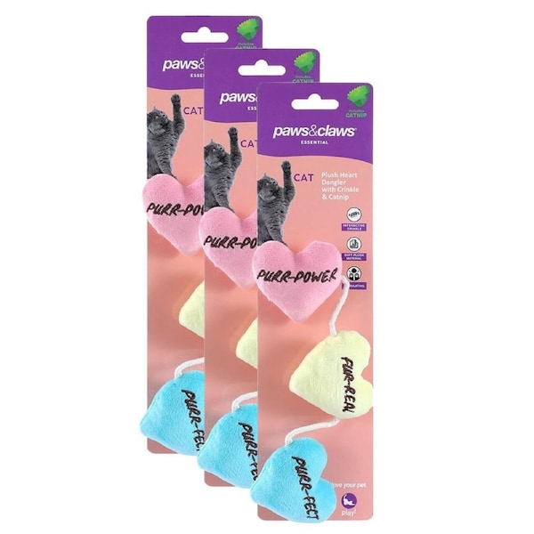 3x Paws & Claws Pet/Cat Plush Heart Dangler Interactive Toy w/Crinkle & Catnip