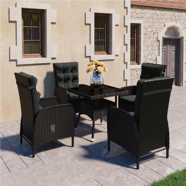 5 Piece Garden Dining Set Poly Rattan and Glass Black vidaXL