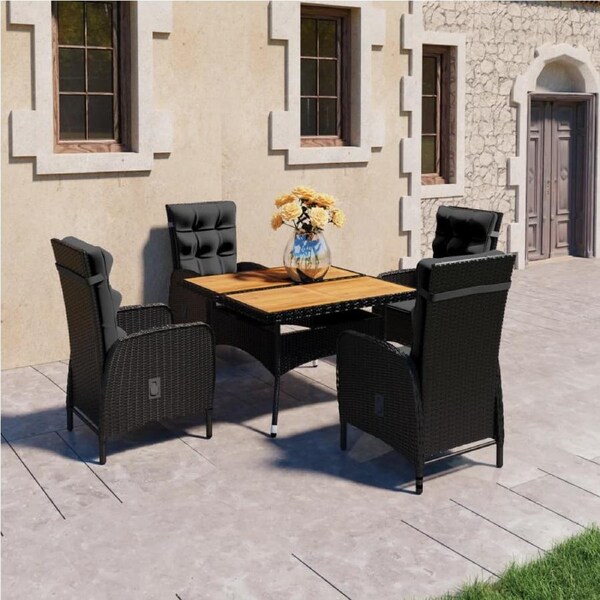 5 Piece Garden Dining Set Poly Rattan and Acacia Wood Black vidaXL