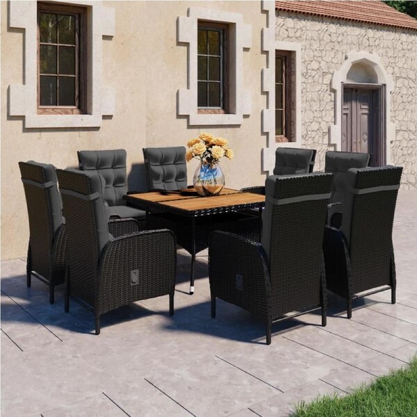 9 Piece Garden Dining Set Poly Rattan and Acacia Wood Black vidaXL