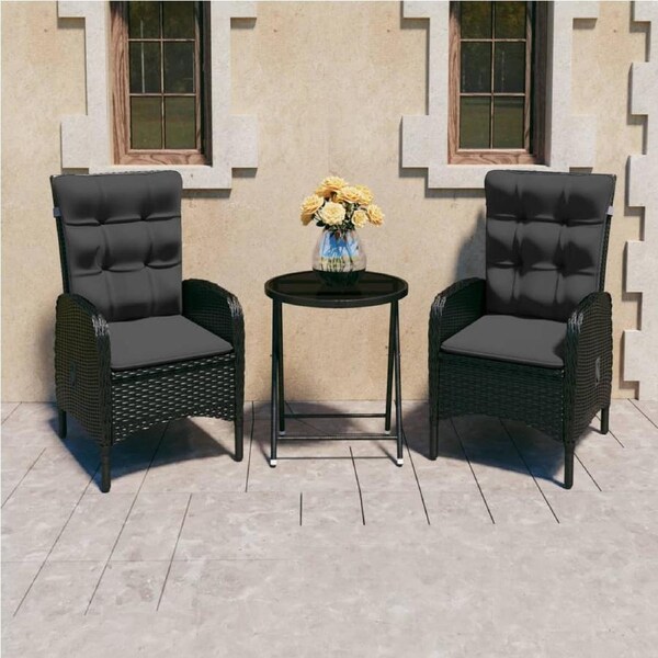 3 Piece Garden Bistro Set Poly Rattan and Glass Black vidaXL