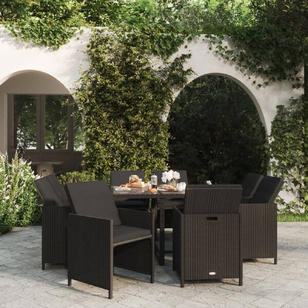 9 Piece Garden Dining Set with Cushions Poly Rattan Black vidaXL