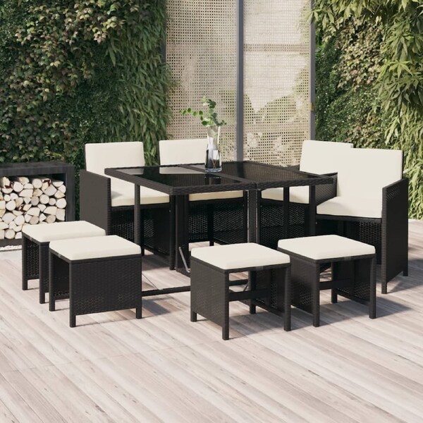 9 Piece Garden Dining Set with Cushions Poly Rattan Black vidaXL