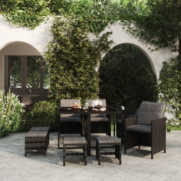 9 Piece Garden Dining Set with Cushions Poly Rattan Black vidaXL