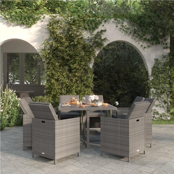 9 Piece Garden Dining Set with Cushions Poly Rattan Grey vidaXL
