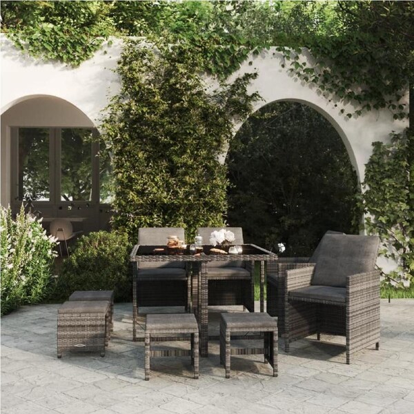 9 Piece Garden Dining Set with Cushions Poly Rattan Grey vidaXL