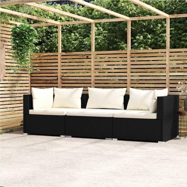 3-Seater Sofa with Cushions Black Poly Rattan vidaXL