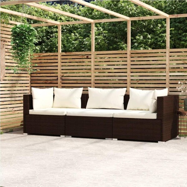 3-Seater Sofa with Cushions Brown Poly Rattan vidaXL