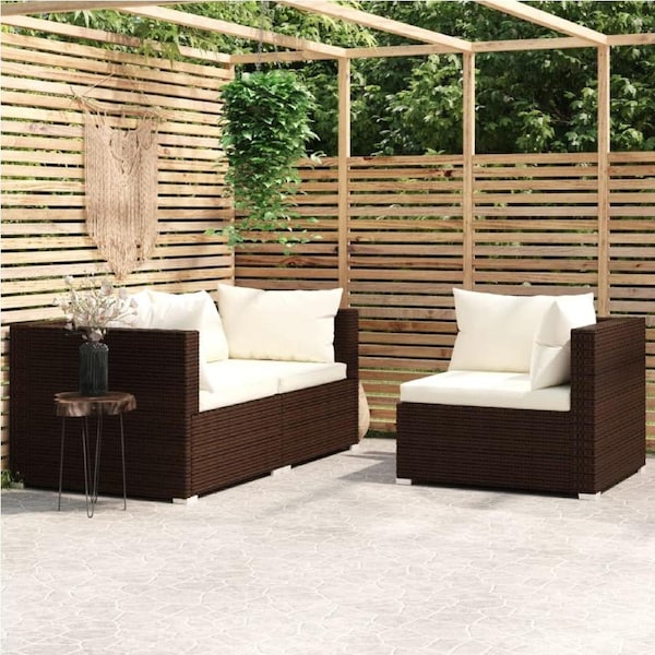 3 Piece Garden Lounge Set with Cushions Brown Poly Rattan vidaXL