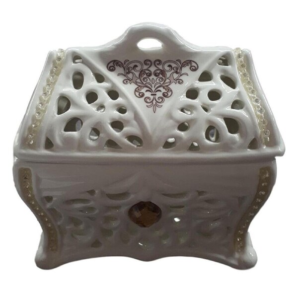 French Country Crystal Rose Trinket Box with Lid White China New