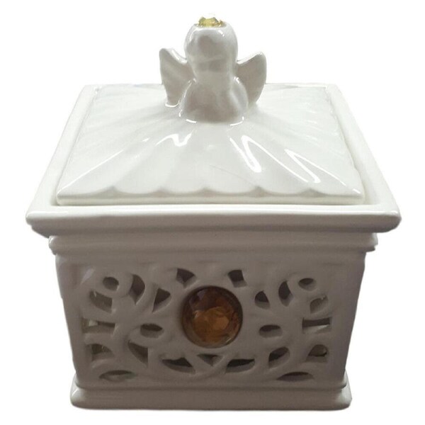 French Country Crystal Rose Trinket Box Square with Lid White China