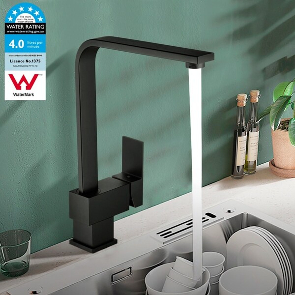 Black Kitchen Mixer Tap Brass Sink Laundry Faucet Swivel Watermark Square WELS