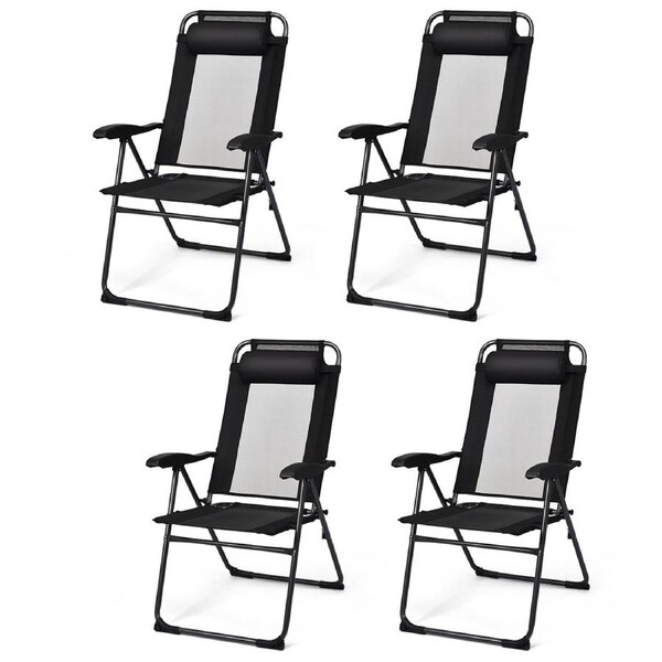 Costway 4 x Outdoor Chairs Folding Deck Dining Chairs Camping Beach Adjustable Recliner w/Head Pillow Patio Garden Backyard