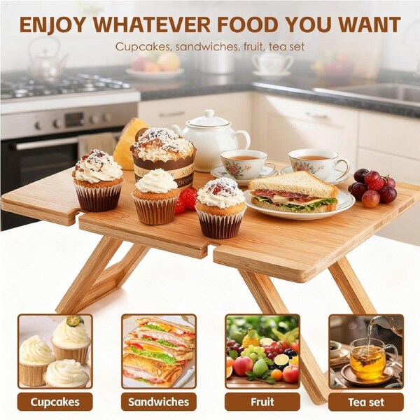 Bamboo Folding Picnic Table With Wine Glass Holder Rack Folding Tray Outdoor Portable Large Szie