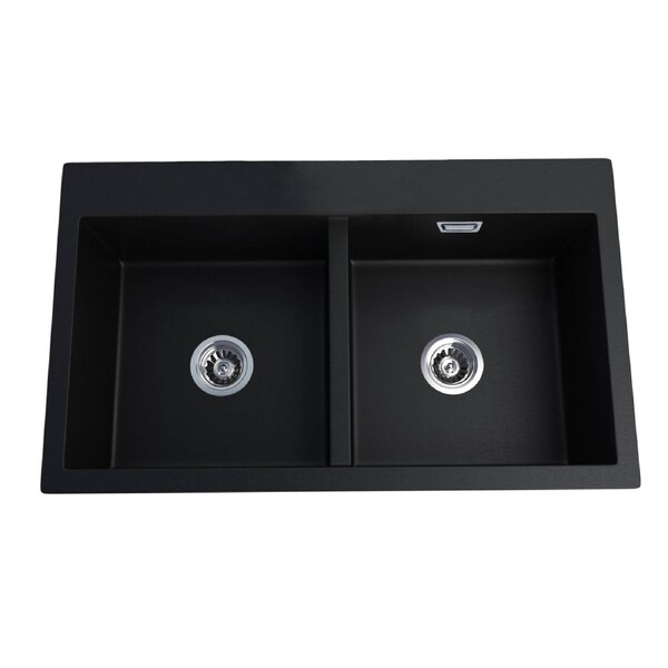 835x490x200mm Black Granite Stone Overflow Kitchen Sink Double Bowls Basin