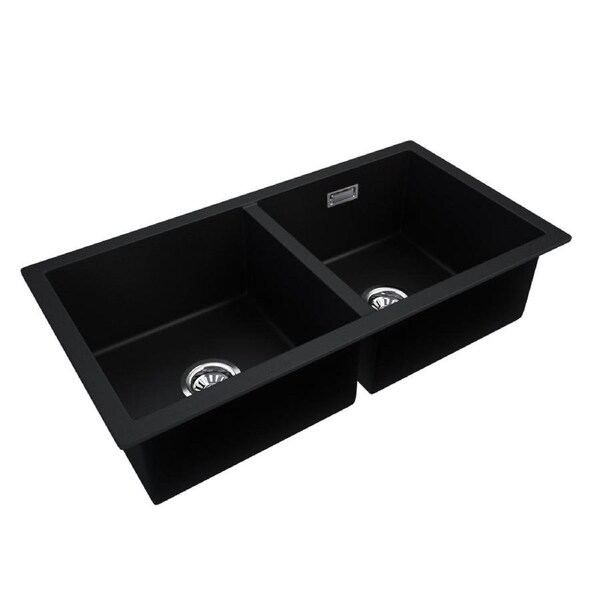 Black Granite Quartz Stone Overflow Kitchen Sink Double Bowls Basin 835x490x200mm