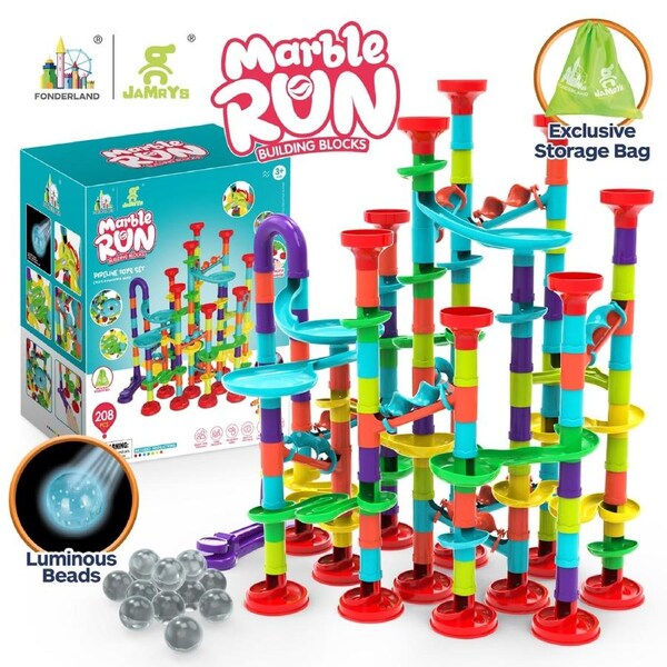 Fonderland 208pcs Marble Run Building Set with Luminous Beads for Kids 3+
