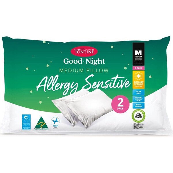 2pc Tontine Good Night Allergy Sensitive Sleep/Bedding Soft Pillow Medium Height