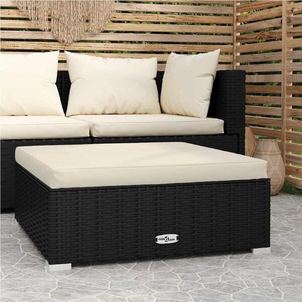 Garden Footrest with Cushion Black 70x70x30 cm Poly Rattan vidaXL