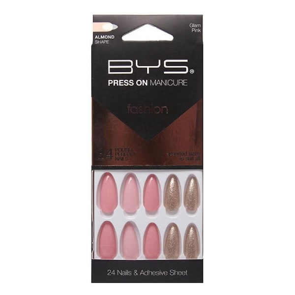 24pc BYS Press On Manicure/Artificial Reusable Glitters Fake Nails Pink Almond