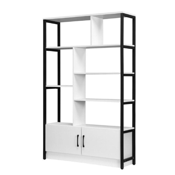 LUXSUITE 5 Tier Display Shelf Bookshelf Bookcase Storage Cabinet Shelving Unit Rack with 2 Lockable Doors