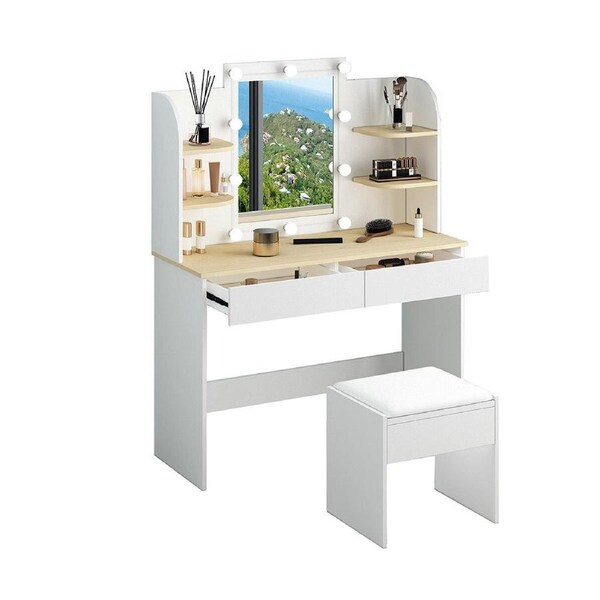 LUXSUITE Makeup Vanity Set White Dressing Table with Lights and Drawers Mirror Stool