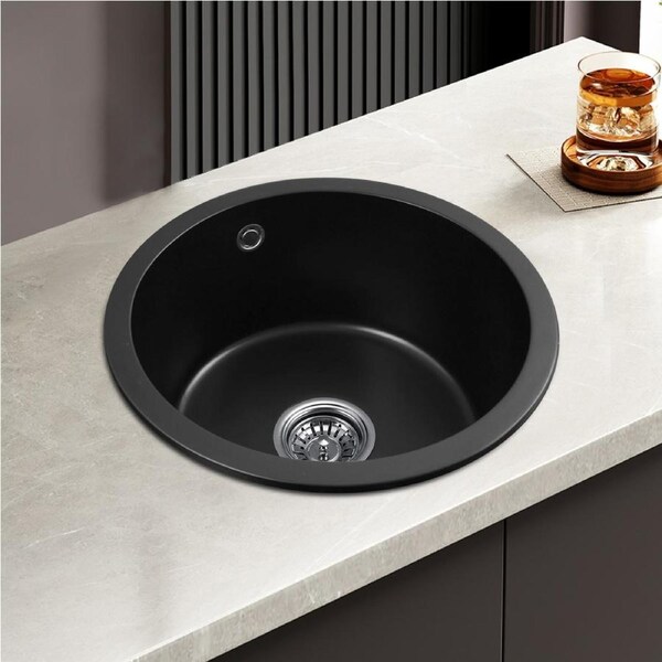 46X46CM Round Black Granite Stone Kitchen Sinks Laundry Bar Sink Single Bowl Overflow Under/Topmount Basin