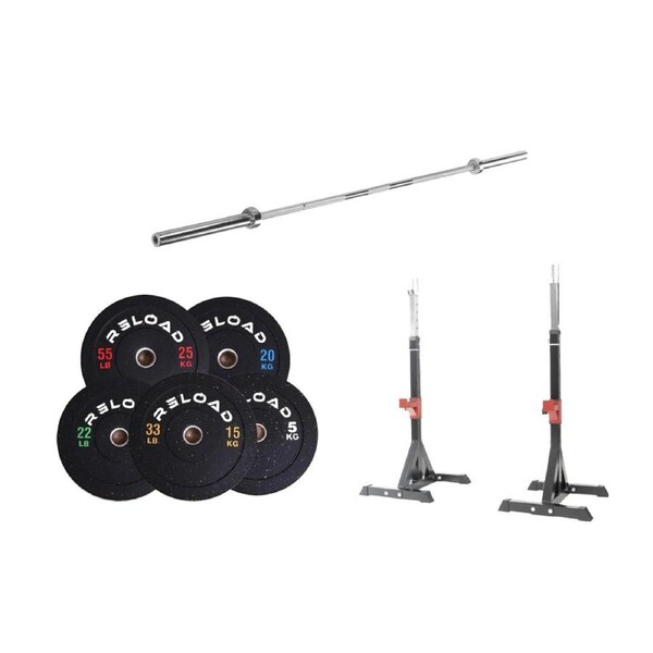 Reload Bumper Plate, Barbell & Squat Rack Package - 100kg