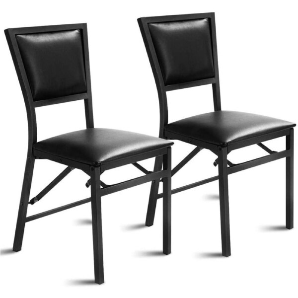Costway Set of 2 Folding Dining Chairs Kitchen Table Chairs Leather Fabric Dining Room Restaurant Lounge Black