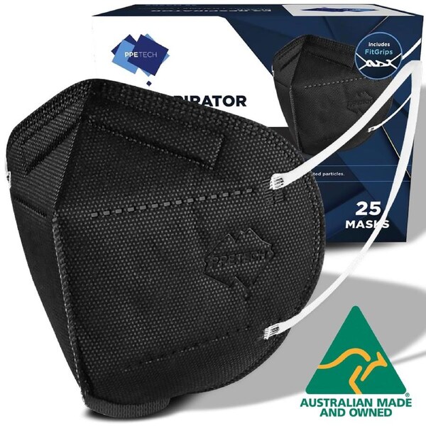 25pk PPE Tech Australian Made 4-Layer P2 Face Masks with Earloops Black